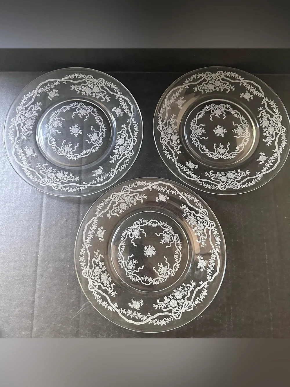 Fostoria ROMANCE Set of 3 Clear Etch #341 Luncheon Plates 8.5
